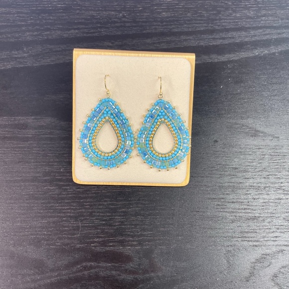 Blue and Gold Beaded Teardrop Earrings - Picture 3 of 4